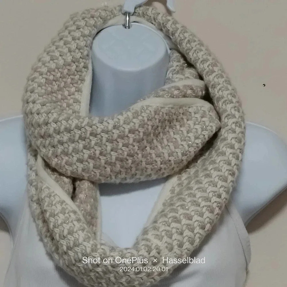 Talbots Infinity Scarf Cream Tan Silver Metallic Knit - Picture 2 of 8